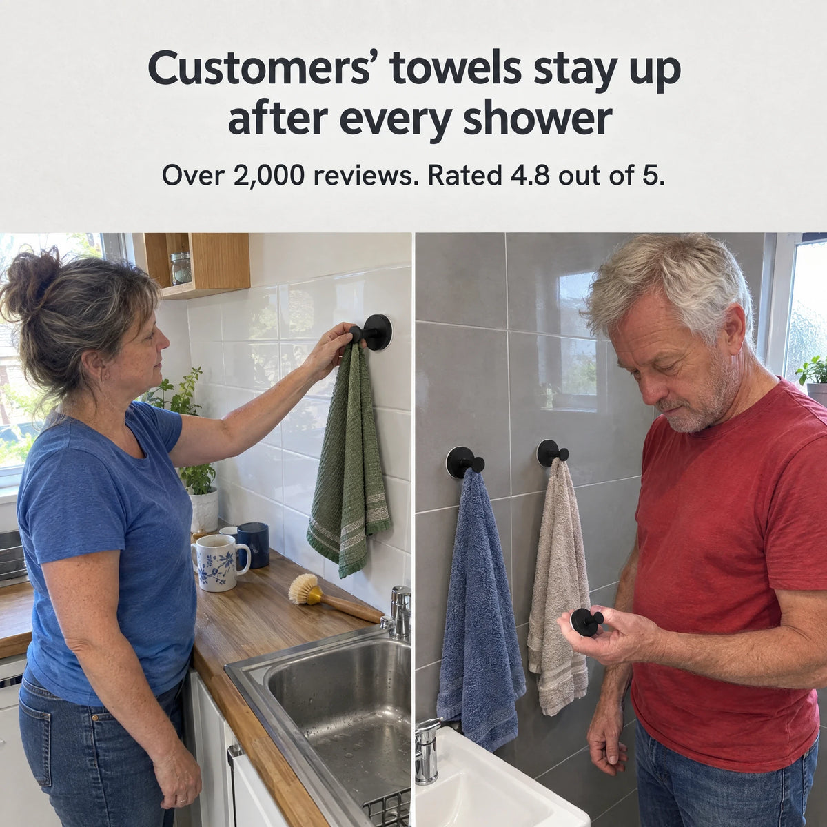 Customers’ towels stay up after every shower. Over 2,000 reviews. Rated 4.8 out of 5.